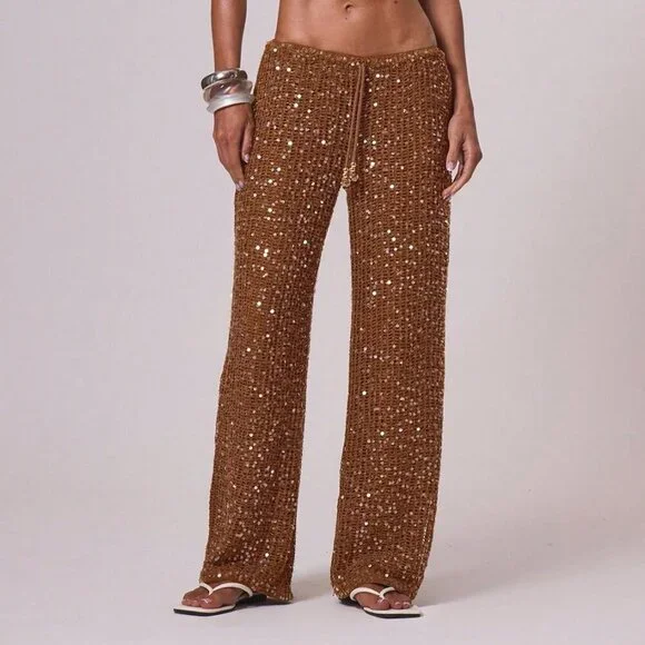 Rust Brown Women's ResortDrawstring Waist Sequin Relaxed Wide Leg pants